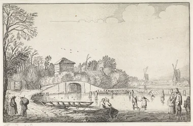 Winterlandschaft mit Schlittschuhläufern bei einer Brücke