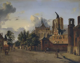 Eine Straße in Köln mit dem unvollendeten Dom im Zentrum