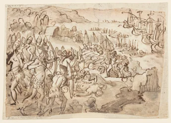 Eroberung der Philippinen, Vorentwurf für Grisaille-Gemälde, realisiert von Stradanus
