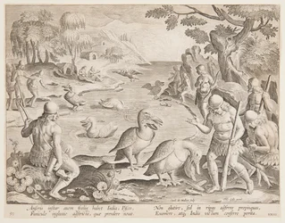 Indianer fangen Fische mit Hilfe von Pelikanen, Platte 23 in der Serie Venationes Ferarum, Avium, Piscium