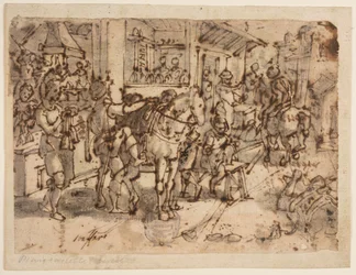 Erfindung des Steigbügels, Entwurf für "Staphae, sive stapedes," pl. 9 in der Nova Reperta (Neue Erfindungen der Neuzeit) Druckserie