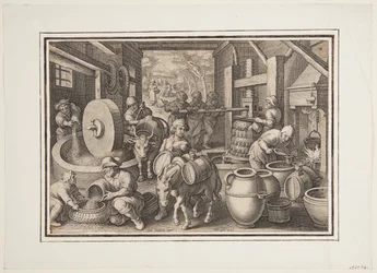 Oleum Olivarum (Die Produktion von Olivenöl), Tafel 12 in der Nova Reperta (Neue Erfindungen der Neuzeit)