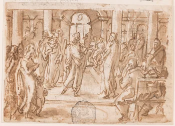 Petrus und Johannes werden vom Hohen Rat befragt, Vorentwurf für "Spiritus Scientiae" (Der Geist der Wissenschaft), Platte 5 in der Druckserie "Die sieben Gaben des Heiligen Geistes"