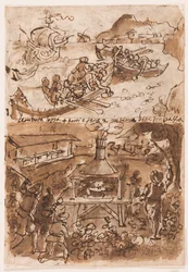 Recto, oben: Bitumen sammeln, aus Plinius