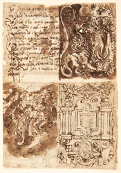Recto, oben links: Passage über die Frau der Apokalypse aus der Offenbarung des Johannes; Recto, oben rechts: Frau der Apokalypse; Recto, unten links: Frontispiz zu einer Druckserie über das Leben der Jungfrau Maria; Recto, unten rechts: Krönung der