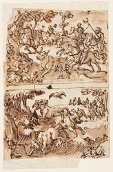 Skizzenbuchseite mit Stierjagden