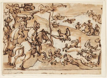 Skizzenbuchseite mit Hasenjagd und Falken