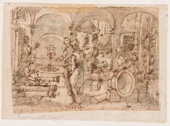 Die Erfindung des Schießpulvers, Entwurf für "Pulvis Pyrius," pl. 3 in der Nova Reperta (Neue Erfindungen der Neuzeit) Druckserie