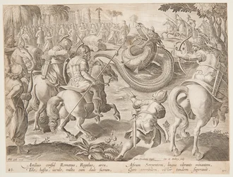 Der römische Konsul Attilius Regulus kämpft gegen eine riesige afrikanische Schlange, Platte 25 in der Venationes Ferarum Serie