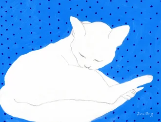 Weiße Katze auf Blau mit Punkten, ca. 2024