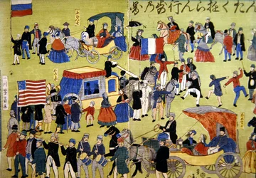 Amerikanische, niederländische und französische Besucher kommen in Yokohama, Japan, ca. 1860 an