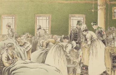 Versorgung der russischen Verwundeten im provisorischen Krankenhaus der Japanischen Rotkreuzgesellschaft in Chemulpo