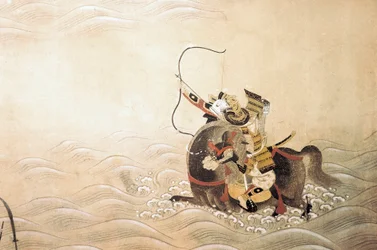 Episode des Genpei-Krieges (1180-1185): Ein Samurai mit Bogen auf einem Pferd überquert einen Fluss. Japanische Kunst der Tosa-Schule