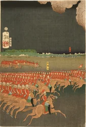 Französische und britische Truppen bei militärischen Trainingsmanövern, Yokohama, Japan. Britische Kavallerieübung. Teil eines Triptychons von Taiso Yoshitoshi (1839-1892), japanischer Ukiyo-e-Künstler. Pferd