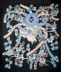 Futonji-Bettdecke mit Motiven von Phönix, Paulownia und Narzissen, Baumwolle, Indigo, Pigment und Tinte