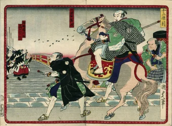 Gruppe von Samurai auf einer Brücke (einschließlich eines Pferdes) - in Die Rache der 47 Ronins, 19. Jahrhundert: Serie de Kabouki
