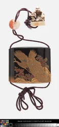 Inro, verziert mit Pfau, Ojime und Netsuke