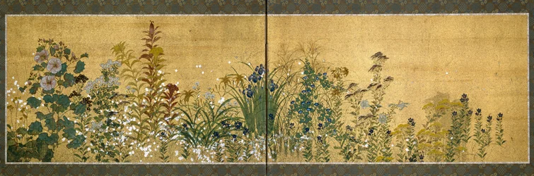 Japanische Kunst: Paravents mit Blumenmotiven. Stil der Rimpa-Schule (1596-1615). Malerei auf Seide. Private Sammlung