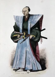 Japanischer Edelmann mit Waffen und zeremonieller Kleidung