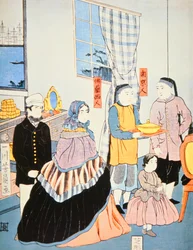 Japanischer Druck ca. 1870 zeigt europäische Besucher in Japan