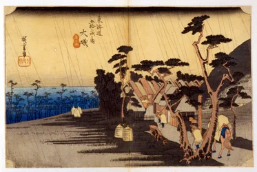 Landschaft im Regen. Japanischer Druck. 19. Jahrhundert.