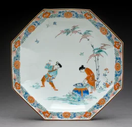 Achteckige Schale mit einer Szene, die die Geschichte von Hob im Brunnen illustriert, Kakiemon-Ware, ca. 1700