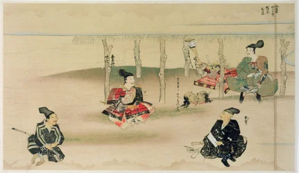 Samurai Takezaki übergibt die Köpfe von zwei mongolischen Invasoren an Adachi Morinume während der mongolischen Invasion Japans 1274, Illustration aus Kokka Magazin, Mai 1921