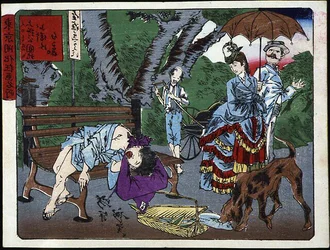 Szene im Uéno-Park in Japan: Ein Kinderkurier schläft auf einer Bank und wird von einem Hund bestohlen - Japanischer Druck
