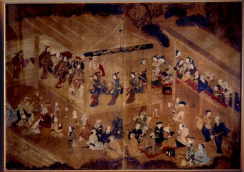 Kabuki-Theater: Schauspieler auf der Bühne; japanischer Druck aus dem 18. Jahrhundert, Paris, Musée Guimet, Nationalmuseum für asiatische Kunst