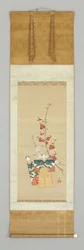 Zwei japanische Puppen und ein blühender Zweig (spätes 18. Jahrhundert)