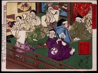 Ueno-Toshogu, der Musiker, der petet - Japanischer Druck von Tsunajima Kamekichi