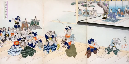 Kriegsherr beobachtet Samurai beim Schwertkampftraining