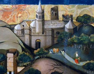Landschaft mit der Bischofskirche, Detail aus der Flucht nach Ägypten, Altarbild aus Verdu