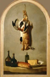 Stillleben mit totem Hasen, Ente, Flaschen, Brot und Käse
