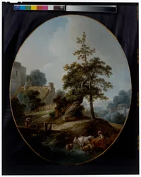 Landschaft mit einem Jungen und einer Schäferin mit Kühen und Schafen