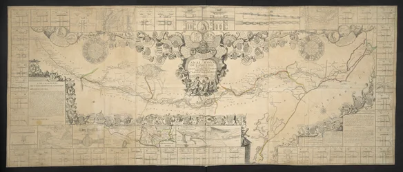 Karte des Canal de Languedoc, der den Atlantischen Ozean mit dem Mittelmeer verbindet, gewidmet und präsentiert an M.GRS Estates of Languedoc