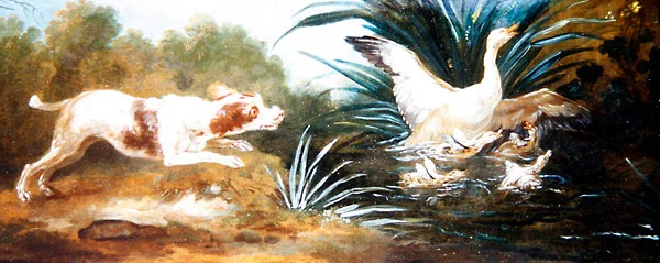 Landschaft mit einem Hund, der Enten jagt