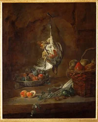 Totes Rebhuhn, Schale mit Pflaumen und Korb mit Birnen