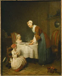 Das Tischgebet. Eine Mutter wartet darauf, dass ihre kleine Tochter ...