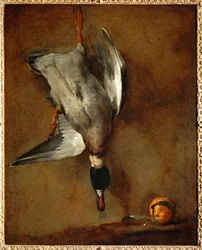 Ente, an der Wand aufgehängt, und Bitterorange