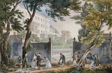 Galante Szene am Eingang zu einer Villa in Rom, ca. 1820, Gravur von Jean-Baptiste Thomas