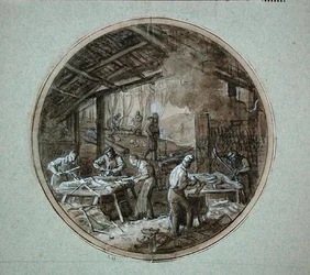 Die Werkstatt der Holzschuhmacher, Plattendesign für ein Service, das verschiedene Berufe darstellt, ca. 1820-35