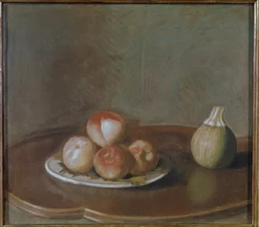 Stillleben mit Pfirsichen und Kürbis
