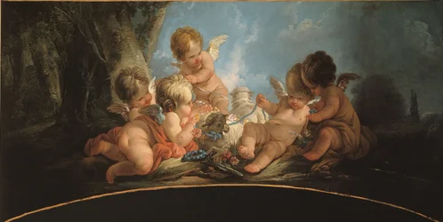 Gruppe von fünf Liebenden, die mit zwei Schafen spielen