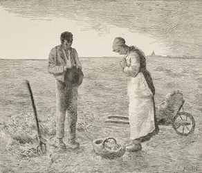 Angelus, Bauernpaar auf Feldern, Gravur nach einem Gemälde von Jean-Francois Millet, aus L