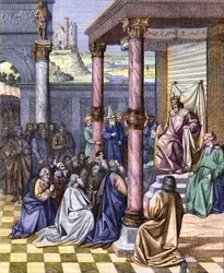 Cyrus II. der Große (580 v. Chr. - 530 v. Chr.), König von Persien, befreite die nach Babylon verbannten Judäer im Jahr 539 v. Chr. Gravur nach einer Miniatur von Jean (Jehan) Fouquet (ca. 1420 -1477/1481). Gravur von Chevignard