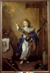 Der Retter der Welt Darstellung des Jesuskindes, das die Weltkugel in der Hand hält und von Symbolen der Passion und des Heiligen Grabtuchs umgeben ist. Gemälde zugeschrieben Jean Daret (1613/1615-1668) Caen, Kunstmuseum