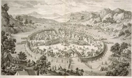 Tchao-Hoei beschäftigt seine Truppen mit Übungen und Militärspielen im Jahr 1758, Tafel 5 aus einer Serie von Drucken, die die Eroberungen von Qianlong, dem Kaiser von China, darstellen, graviert von Pierre Philippe Choffard 1772