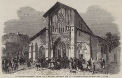 Der Erzbischof von Chambery, an der Spitze seines Klerus, geht von der Kathedrale zur Abstimmung über die Annexion an Frankreich