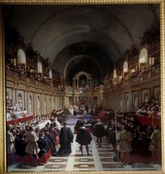 Die Generalstände von Paris am 27. Oktober 1614. Die Versammlung fand im Louvre statt, König Ludwig XIII. präsidierte zusammen mit seiner Mutter Marie de Medici. Gemälde von Jean Alaux (1786-1864), genannt der Römer